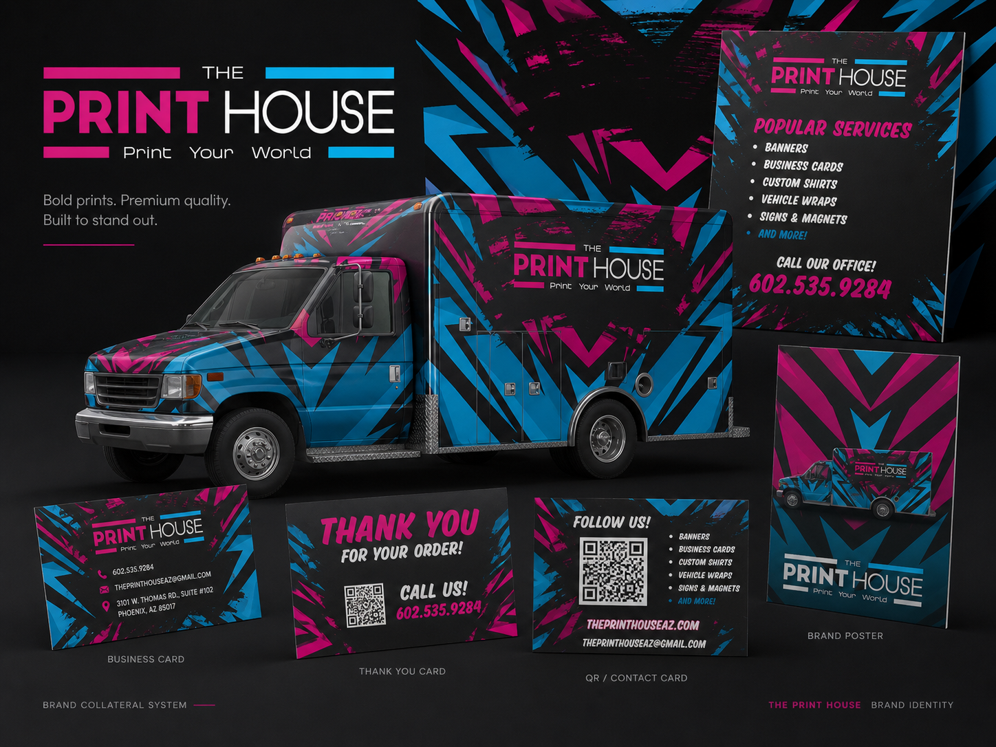 The Print House brand collage with logo, patterns, and print applications